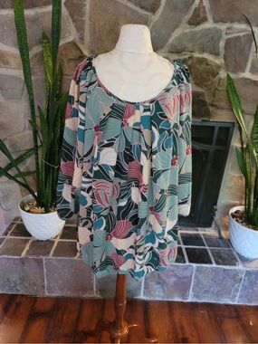 Sara Michelle Teal Floral Blouse Sz 3X 3/4 Sleeve Scoop Neck Plus Pullover